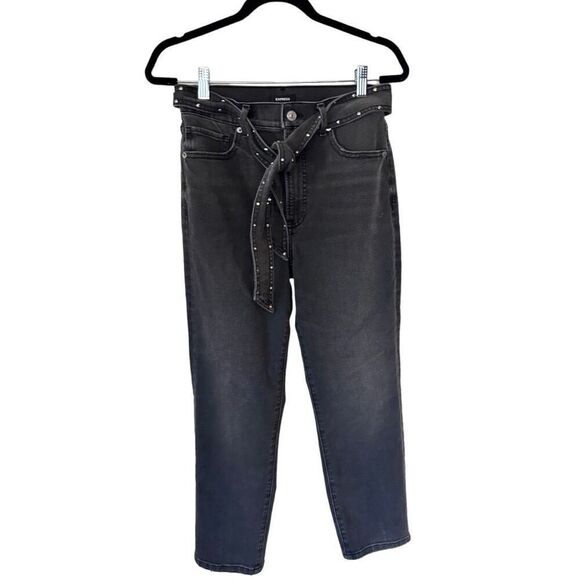 Express Belted Super High Rise Straight Leg Jeans Black Denim Dark Wash Size 4 - Picture 1 of 13
